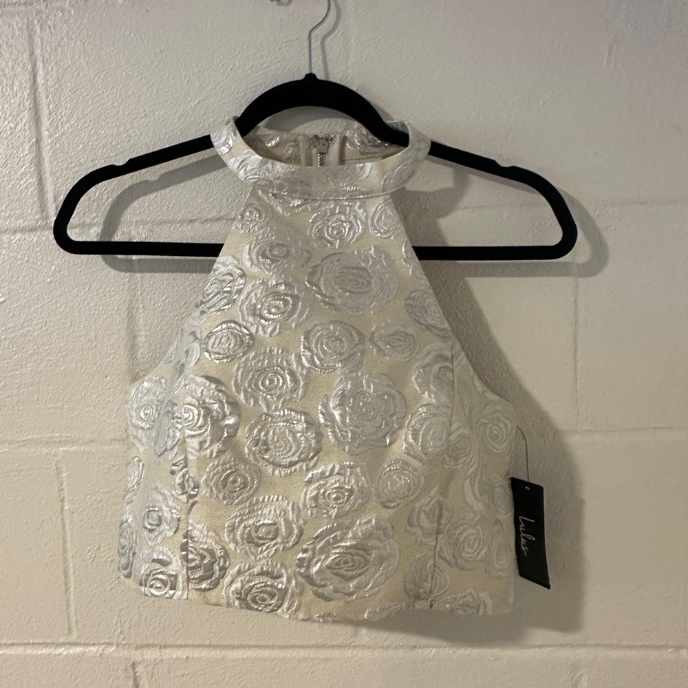 Lulus Silver Ivory Floral Brocade Halter Bridal Crop Top S